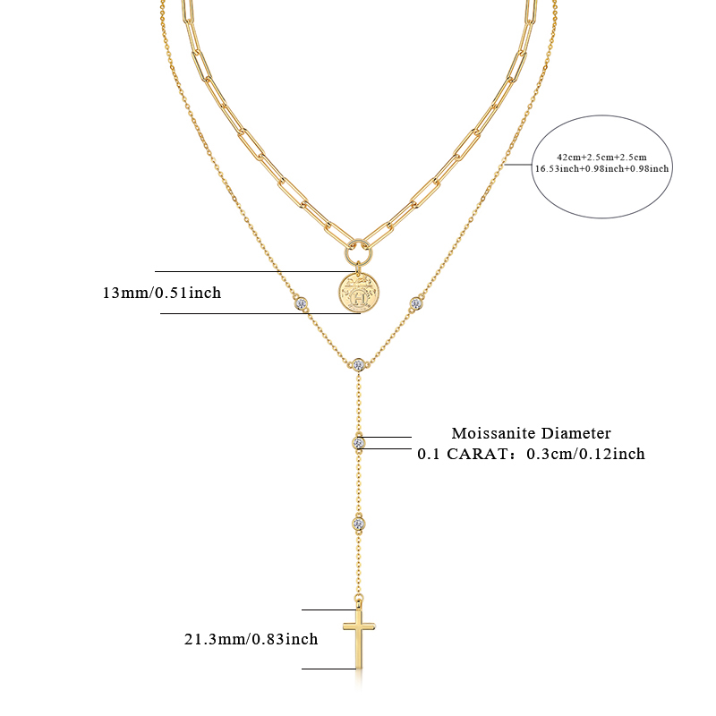 Sterling Silver 0.1ct Moissanite Layered Necklace 14.4g Cross Coin Pendant Y-Necklace 40cm