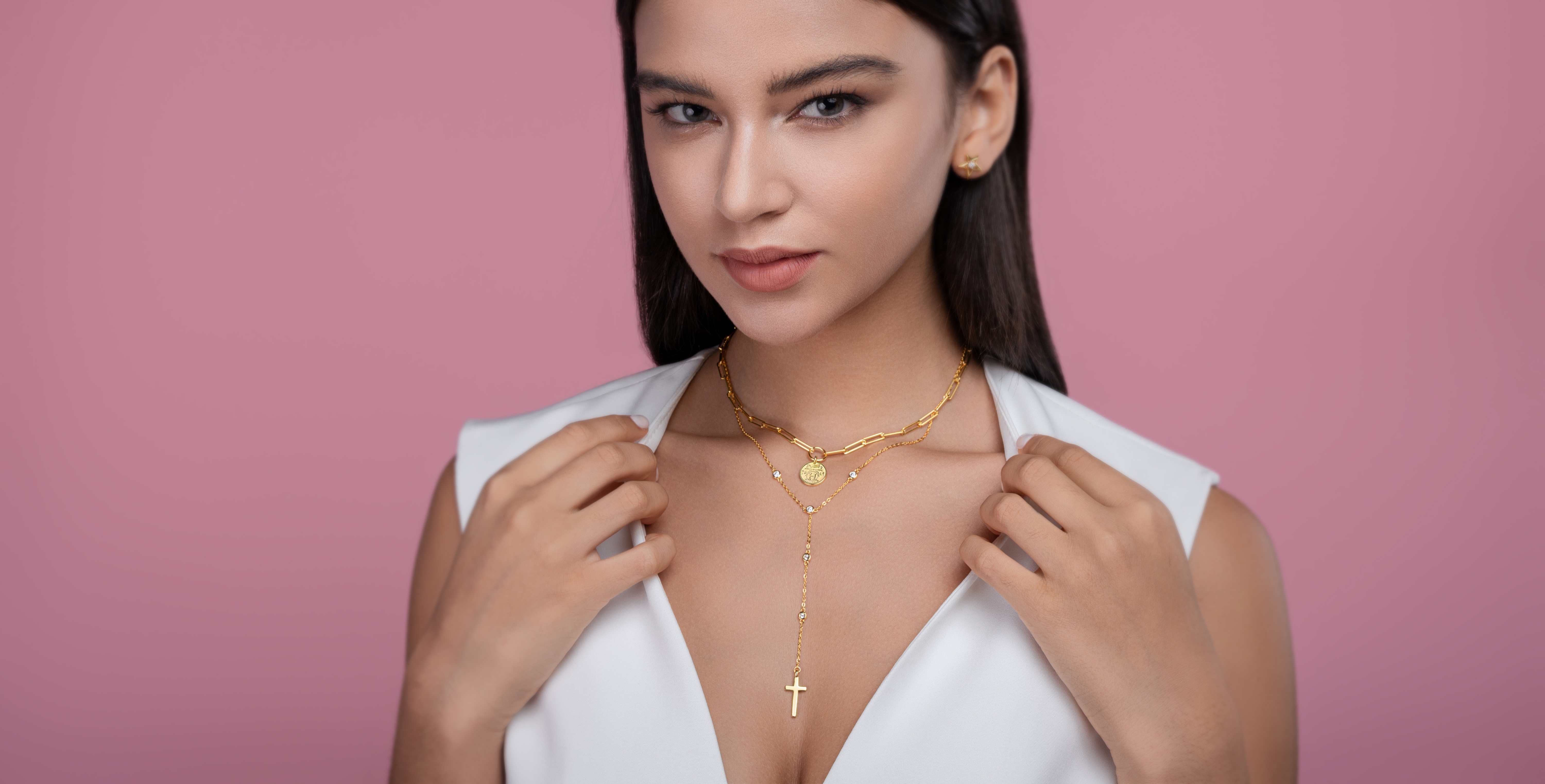 Sterling Silver 0.1ct Moissanite Layered Necklace 14.4g Cross Coin Pendant Y-Necklace 40cm