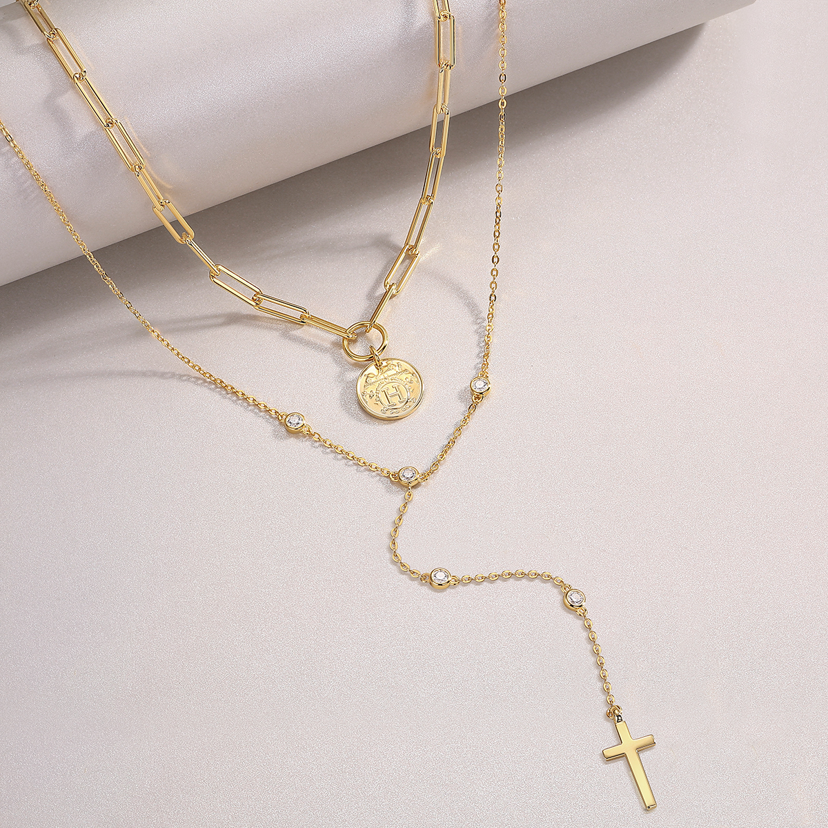 Sterling Silver 0.1ct Moissanite Layered Necklace 14.4g Cross Coin Pendant Y-Necklace 40cm