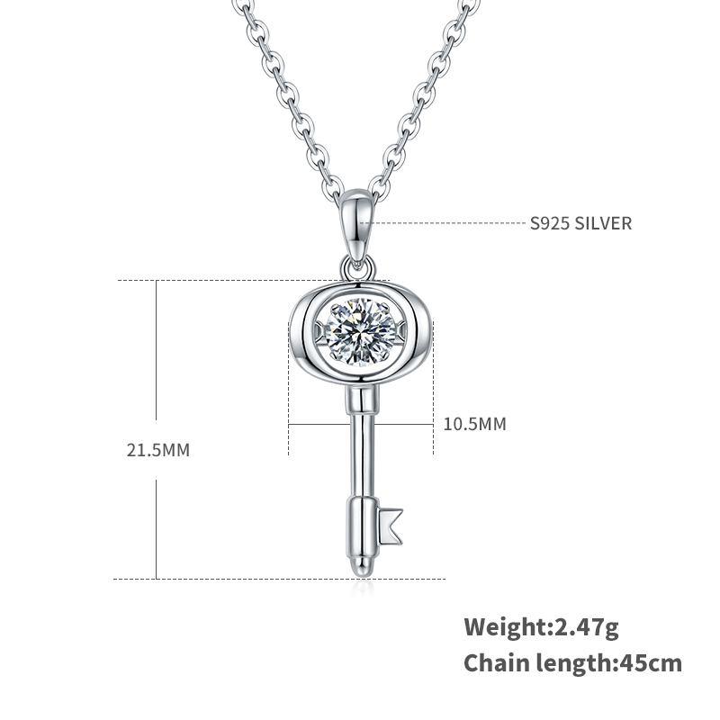 Sterling Silver 0.5ct D Color VVS1 Moissanite Key Necklace 45cm Platinum Plated GRA