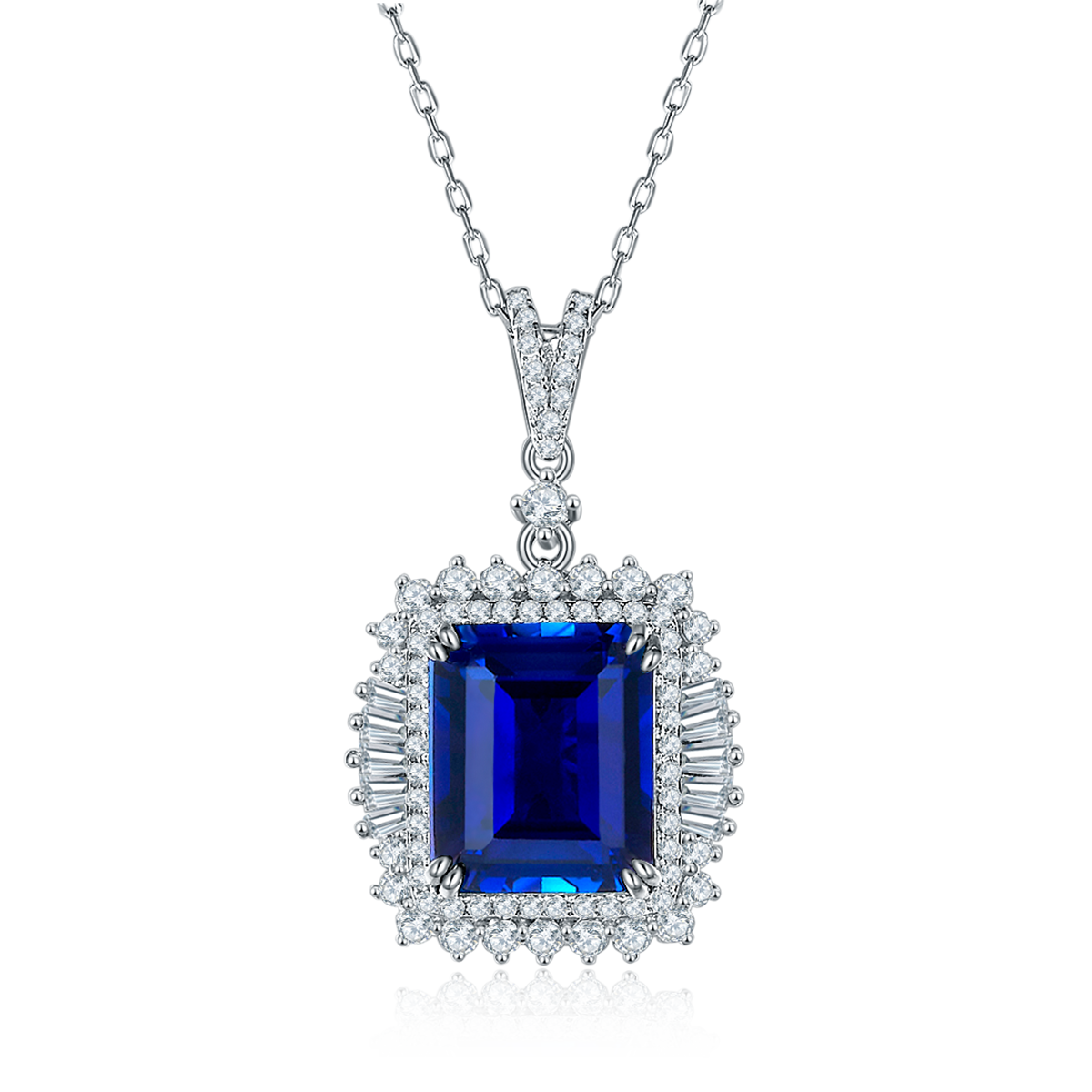 Sterling Silver 10x12mm Lab-Grown Ruby Sapphire Emerald Halo Pendant Necklace, Platinum
