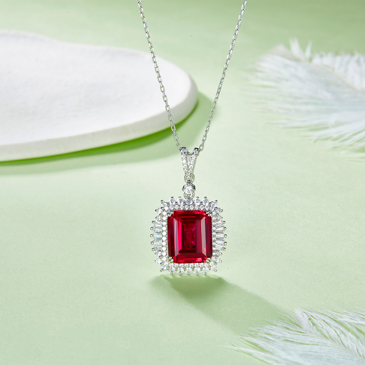 Sterling Silver 10x12mm Lab-Grown Ruby Sapphire Emerald Halo Pendant Necklace, Platinum