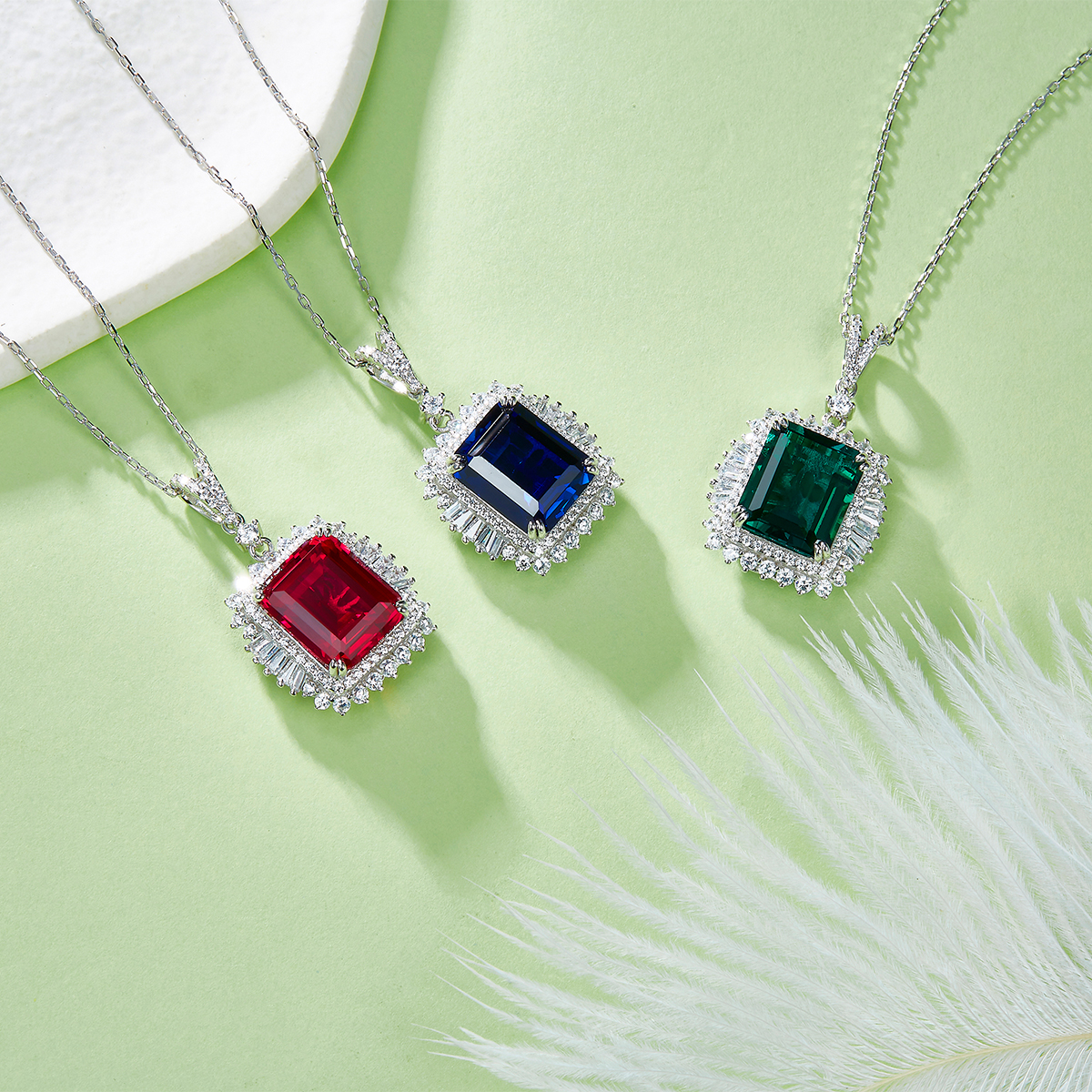 Sterling Silver 10x12mm Lab-Grown Ruby Sapphire Emerald Halo Pendant Necklace, Platinum