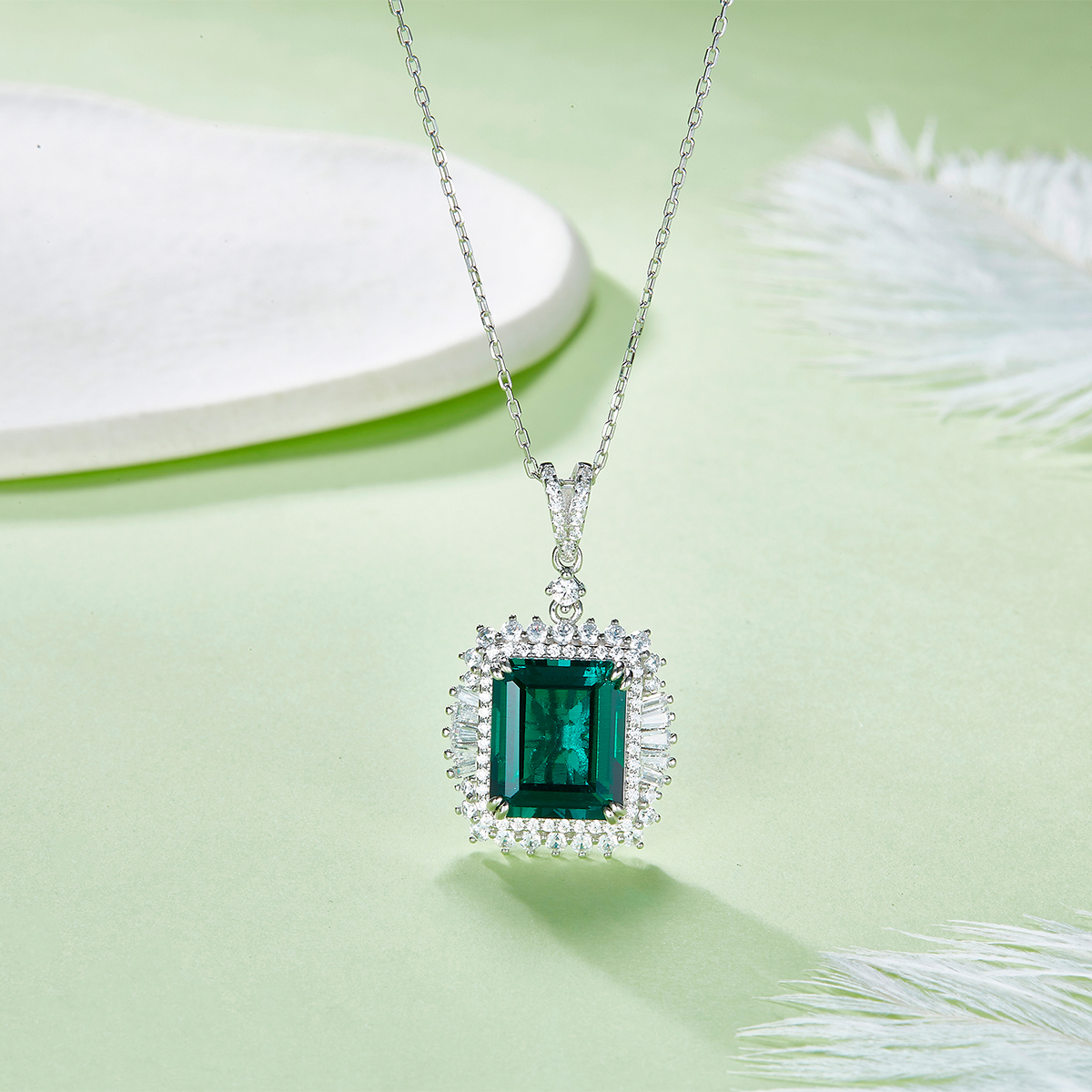Sterling Silver 10x12mm Lab-Grown Ruby Sapphire Emerald Halo Pendant Necklace, Platinum