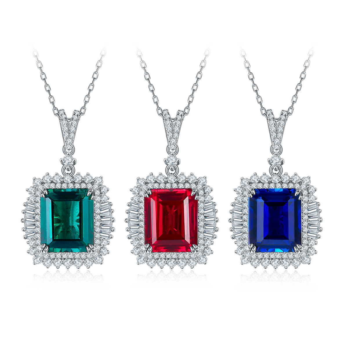 Sterling Silver 10x12mm Lab-Grown Ruby Sapphire Emerald Halo Pendant Necklace, Platinum