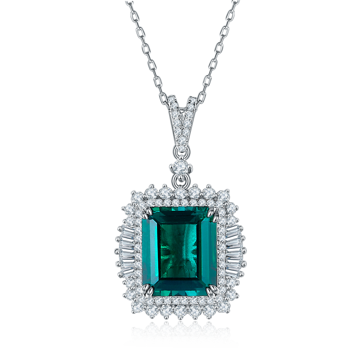 Sterling Silver 10x12mm Lab-Grown Ruby Sapphire Emerald Halo Pendant Necklace, Platinum