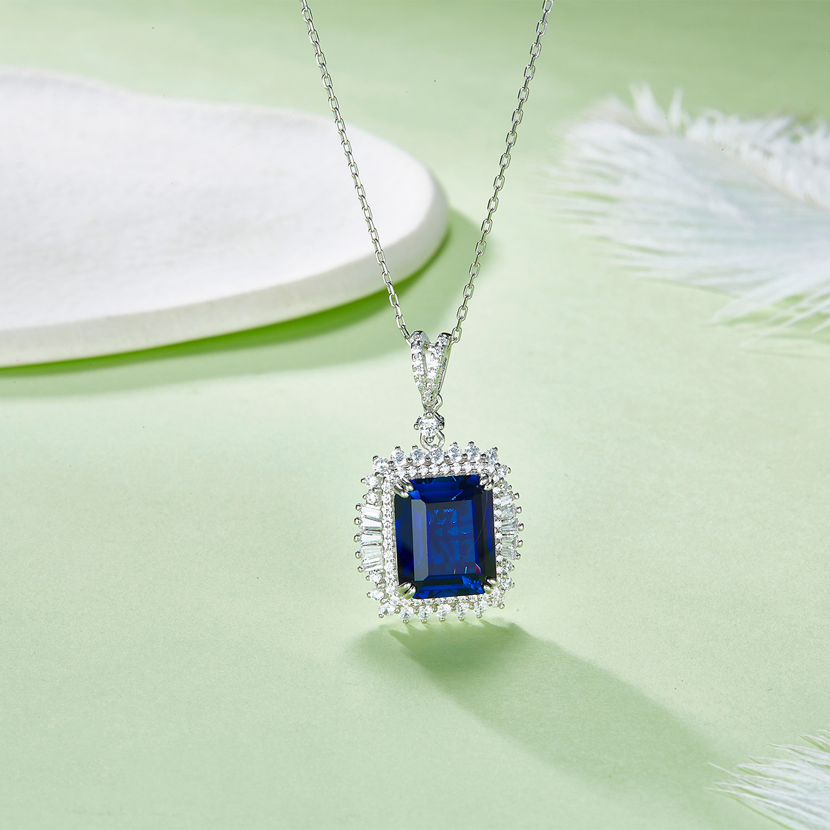 Sterling Silver 10x12mm Lab-Grown Ruby Sapphire Emerald Halo Pendant Necklace, Platinum