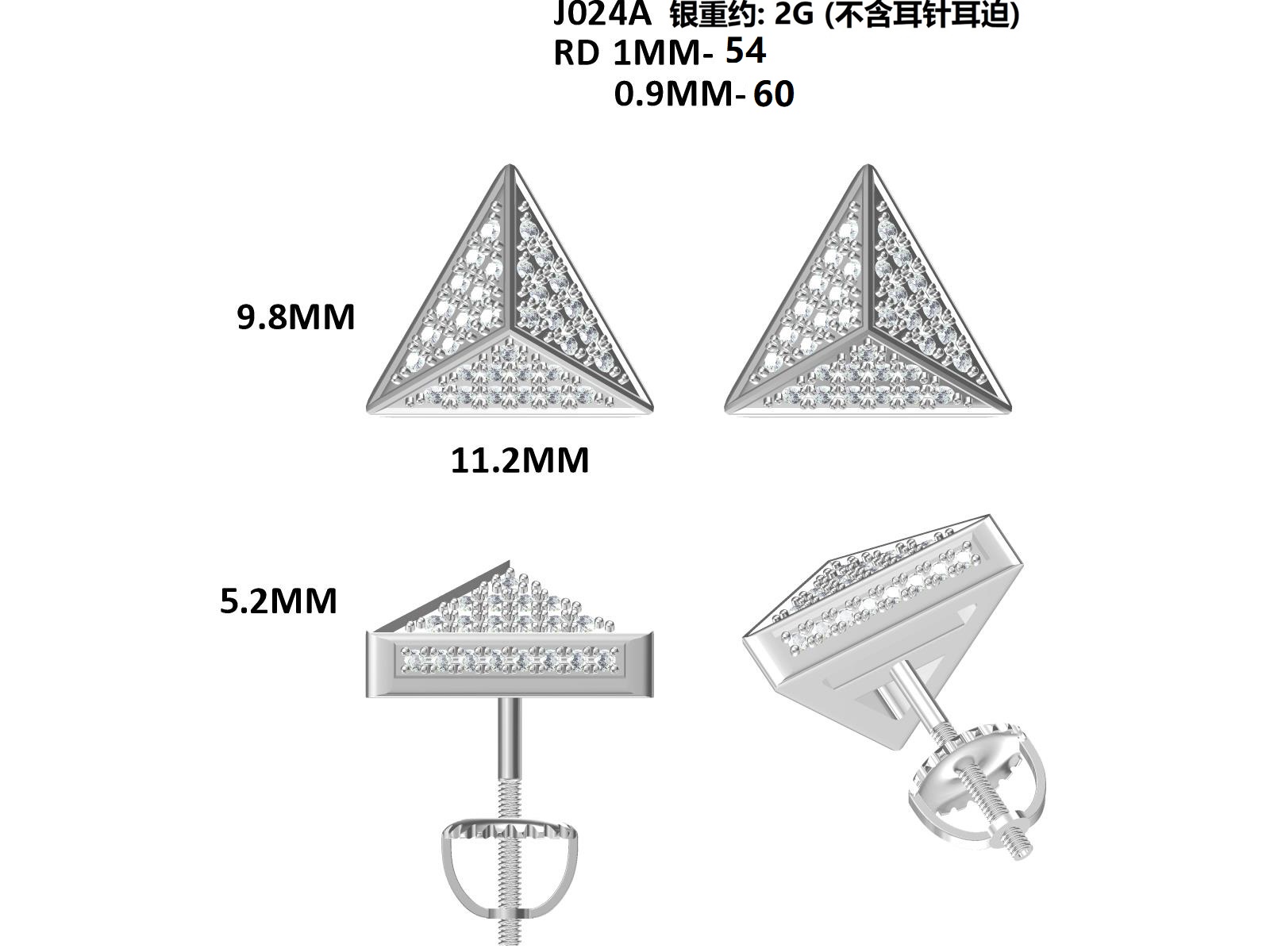 Sterling Silver 114pcs D Color VVS1 Moissanite Triangle Stud Earrings 3D Pyramid Screw