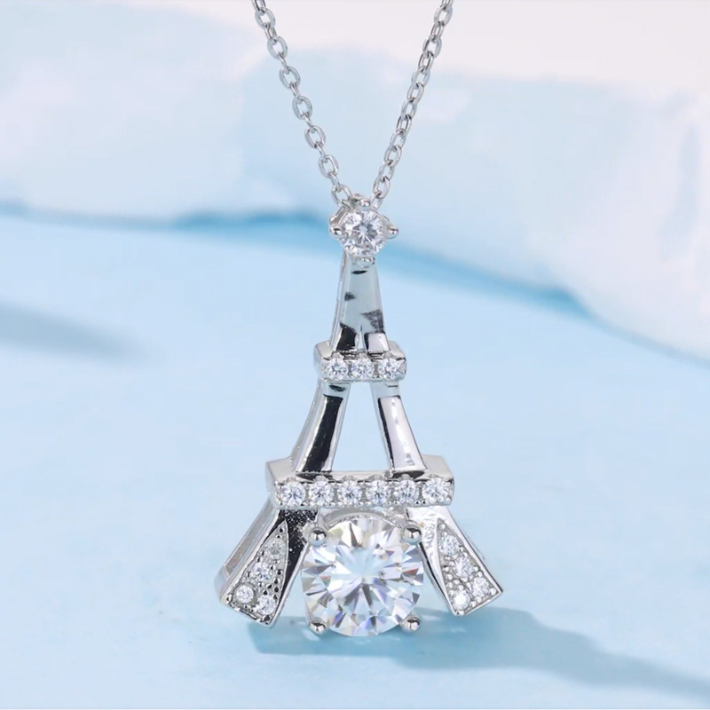 Sterling Silver 1ct D Color VVS1 Moissanite Eiffel Tower Necklace 45cm Platinum Gold