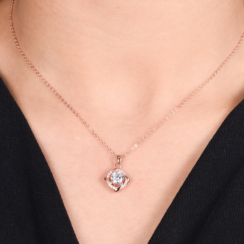 Sterling Silver 1ct D-VVS1 Moissanite Necklace, Twisted Pendant Design, Platinum Plated