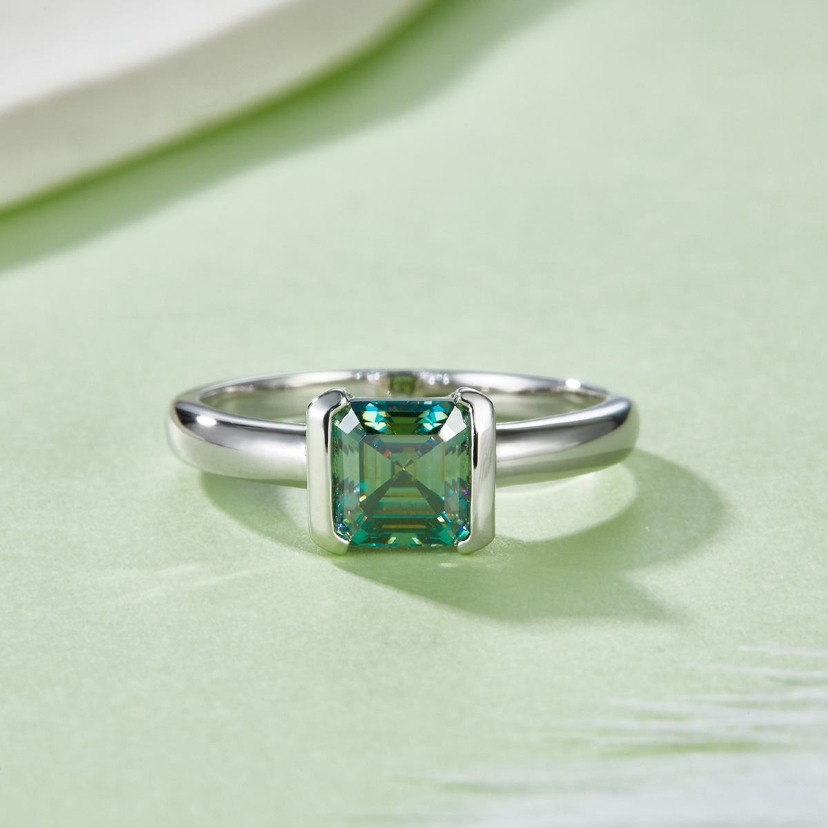 Sterling Silver 1ct Green Moissanite Ring, 6x6mm Square Cut VVS1 Solitaire, Platinum