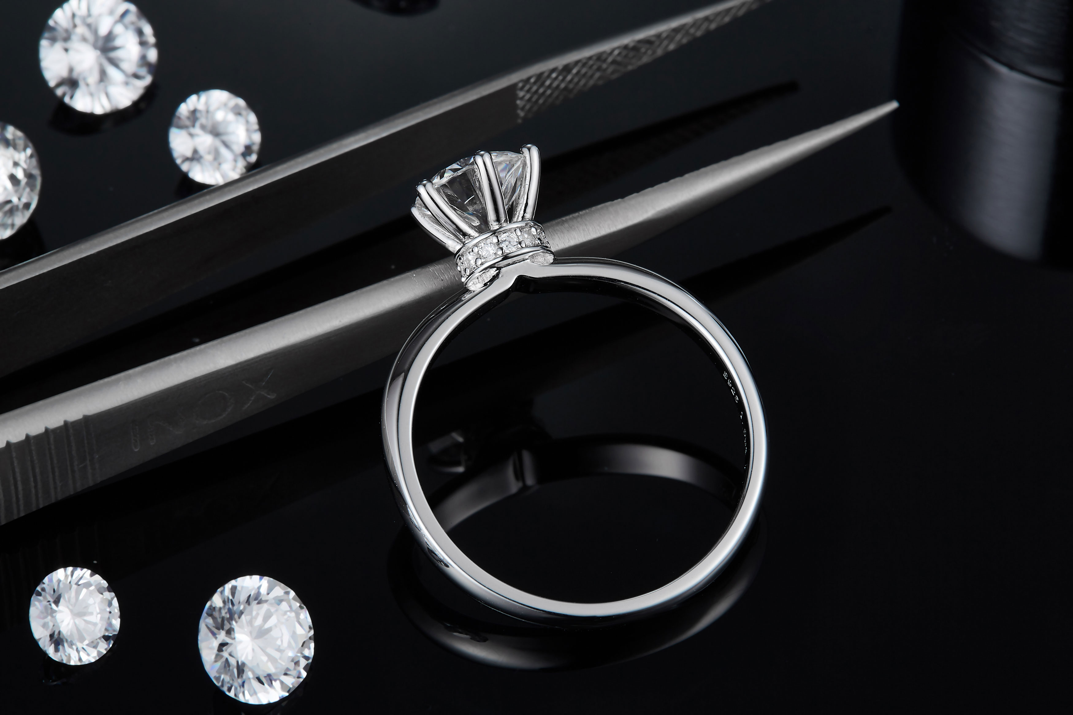 Sterling Silver 1ct Moissanite Engagement Ring, D-VVS1 6-Prong Solitaire With Pave Collar