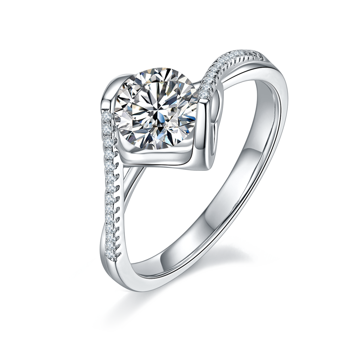Verlobungsring aus Sterlingsilber mit 1 Karat Moissanit, runder Schliff D-VVS1 mit Herzfassung und Pavé-Fassung
