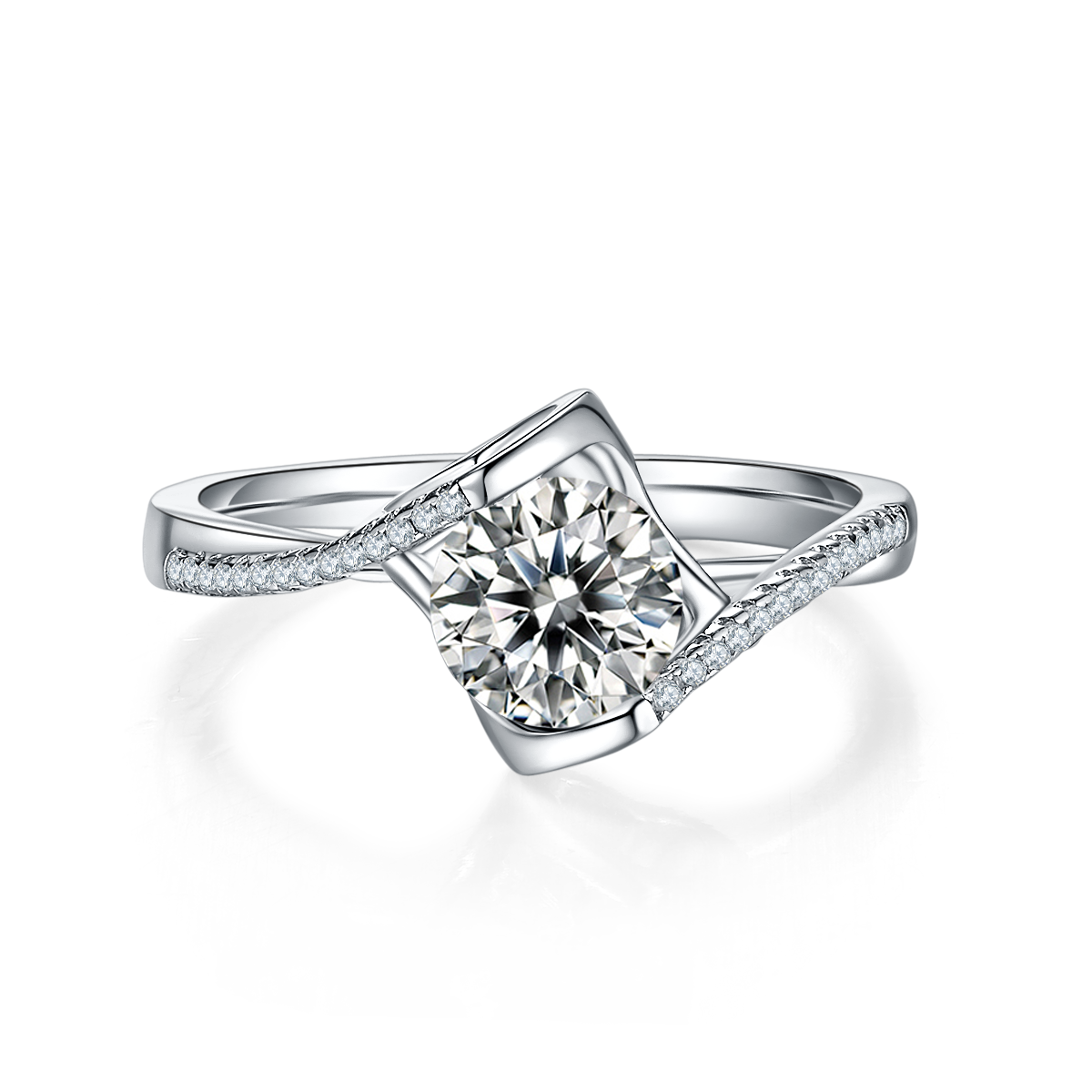 Verlobungsring aus Sterlingsilber mit 1 Karat Moissanit, runder Schliff D-VVS1 mit Herzfassung und Pavé-Fassung