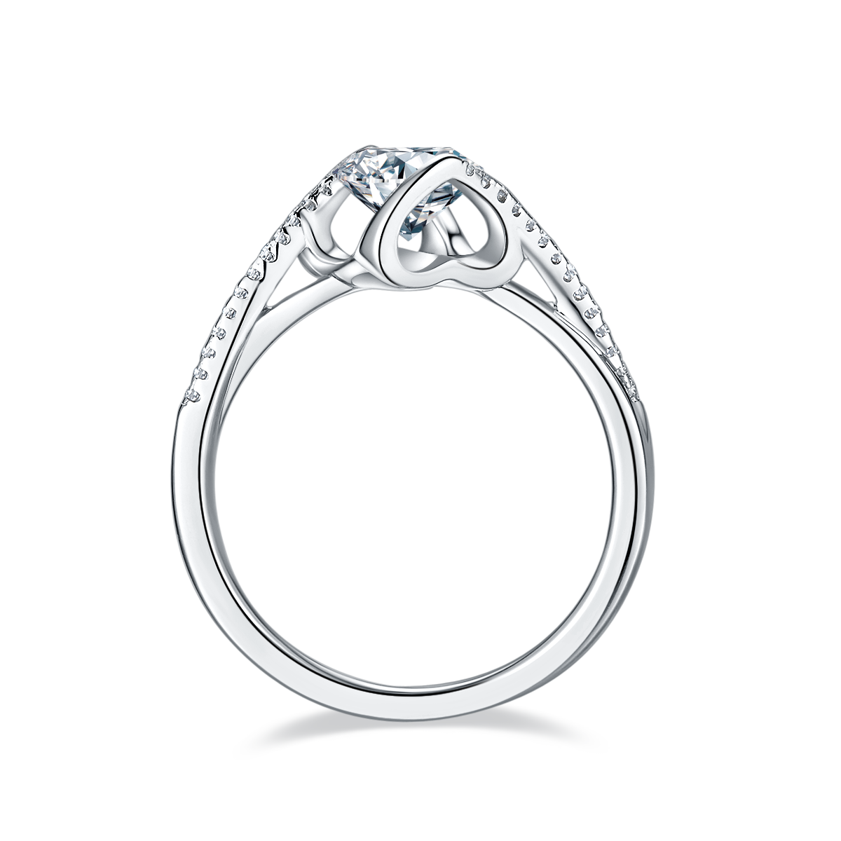 Verlobungsring aus Sterlingsilber mit 1 Karat Moissanit, runder Schliff D-VVS1 mit Herzfassung und Pavé-Fassung