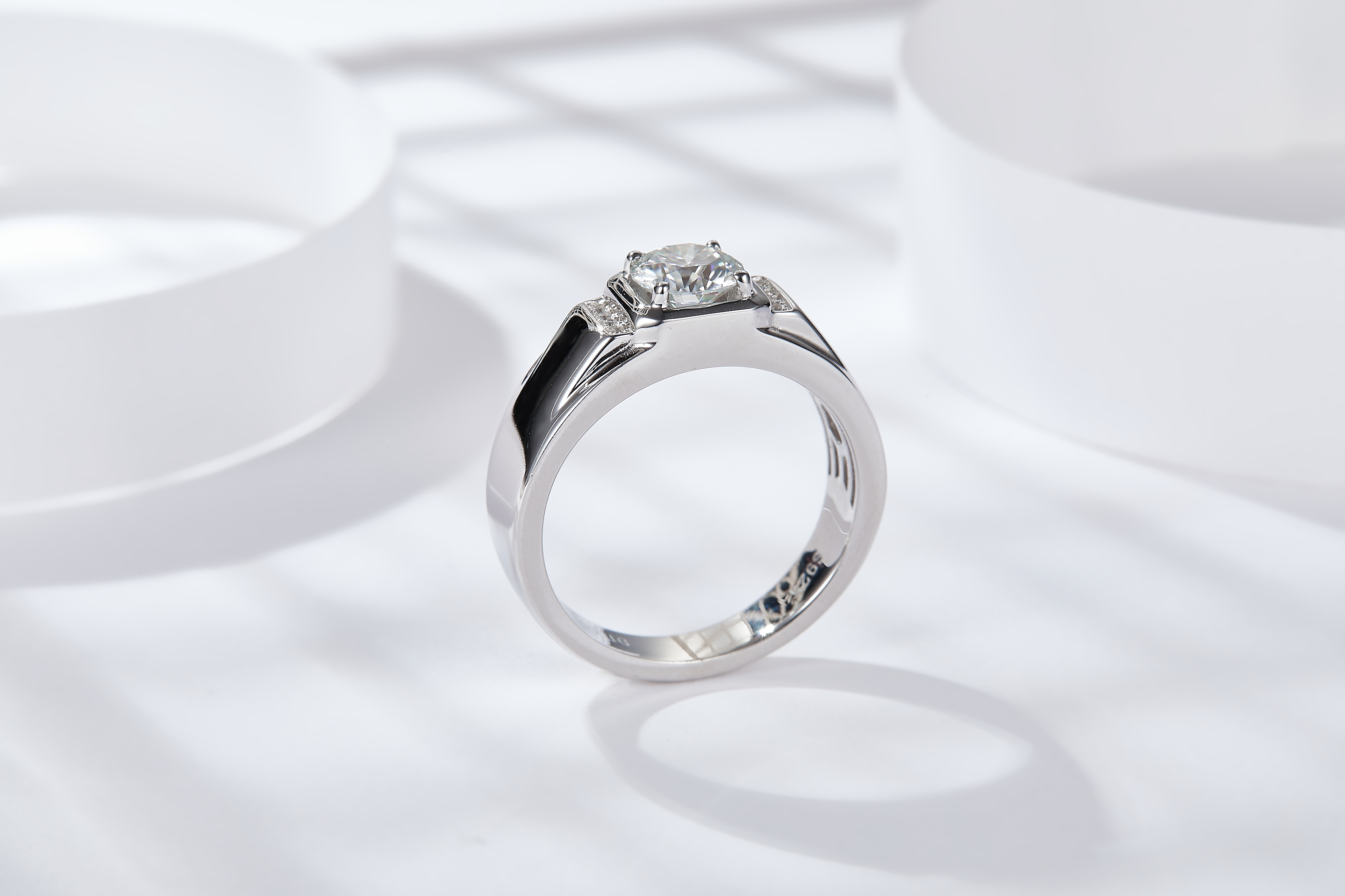 Sterling Silver 1ct Moissanite Men's Ring, D-VVS1 Wide Band With Side Stones, Platinum
