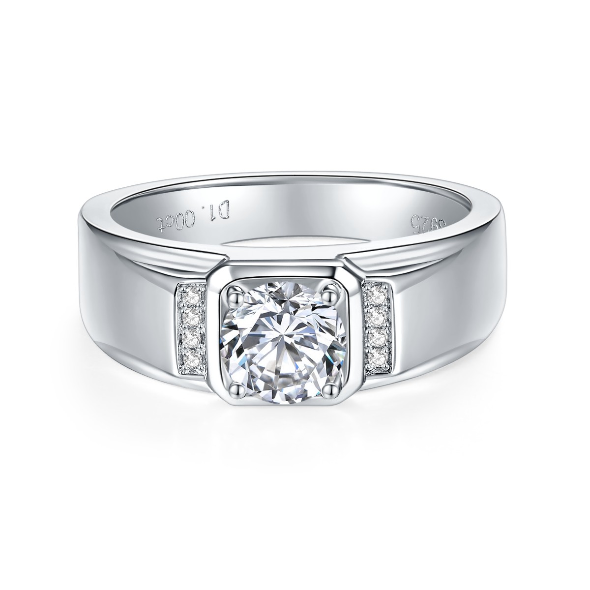 Sterling Silver 1ct Moissanite Men's Ring, D-VVS1 Wide Band With Side Stones, Platinum