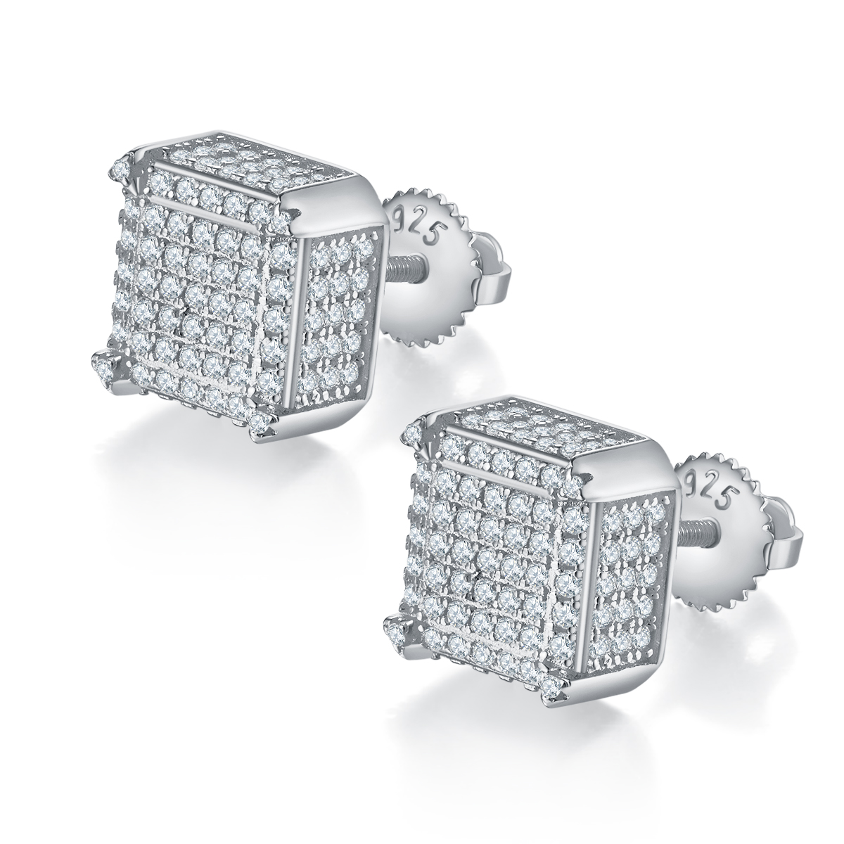 Sterling Silver 218pcs D Color VVS1 Moissanite 3D Cube Earrings 2g Screw Back