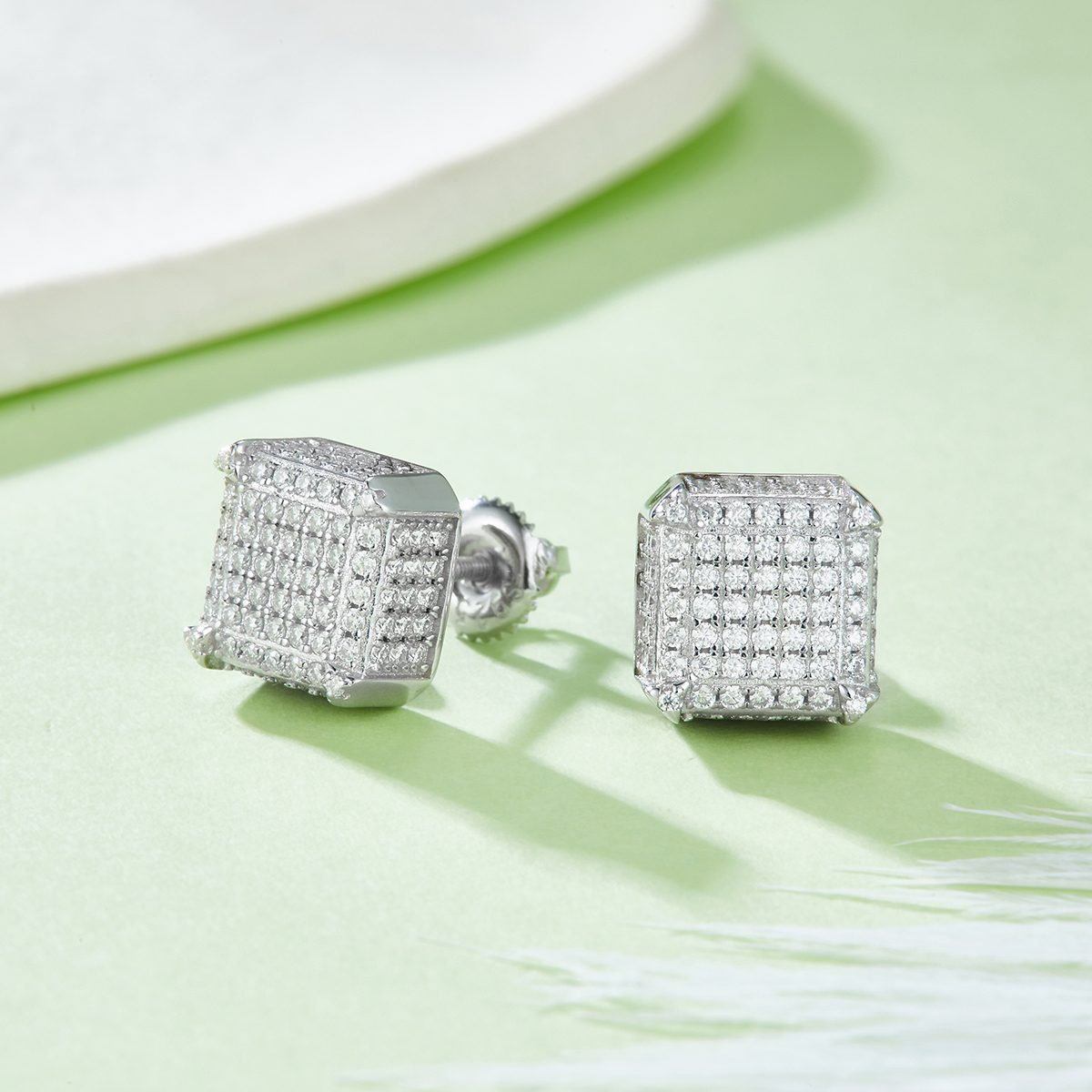 Sterling Silver 218pcs D Color VVS1 Moissanite 3D Cube Earrings 2g Screw Back