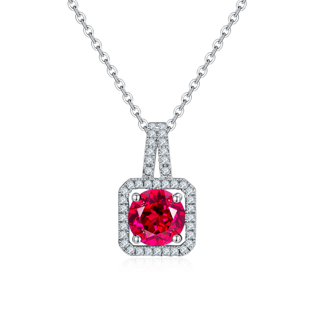 Sterling Silver 2ct Lab-Grown Ruby Emerald Pendant Necklace, Platinum Plated Square Halo