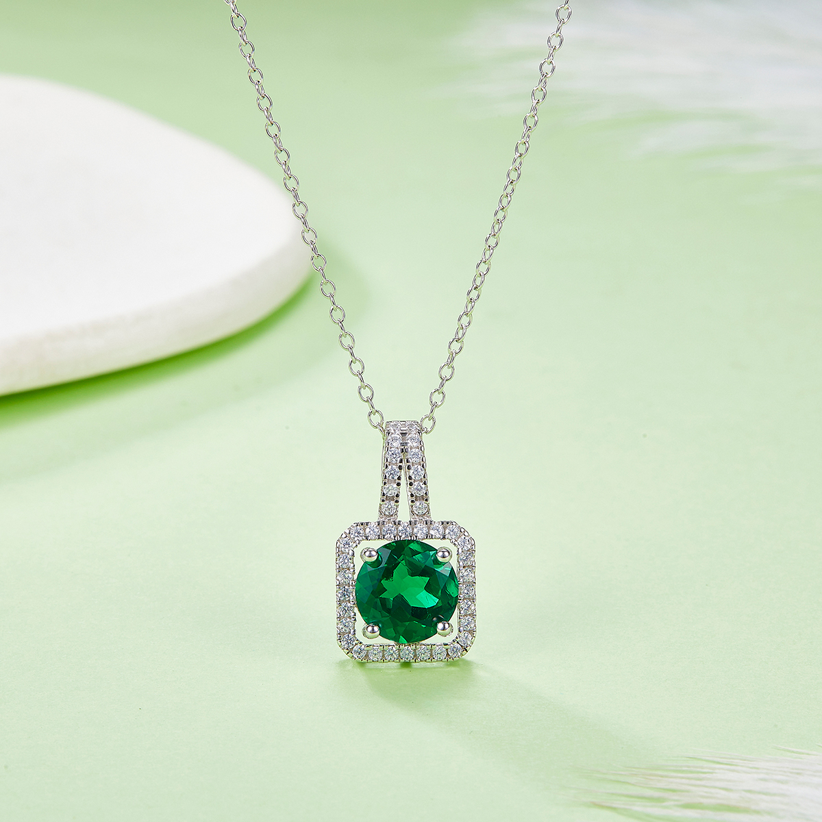 Sterling Silver 2ct Lab-Grown Ruby Emerald Pendant Necklace, Platinum Plated Square Halo