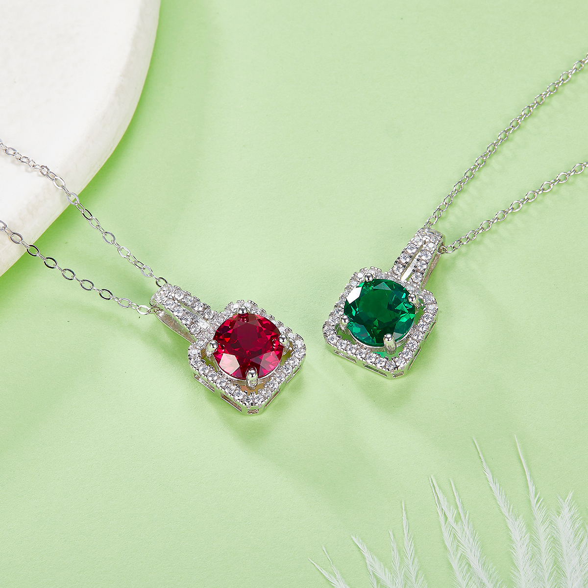 Sterling Silver 2ct Lab-Grown Ruby Emerald Pendant Necklace, Platinum Plated Square Halo