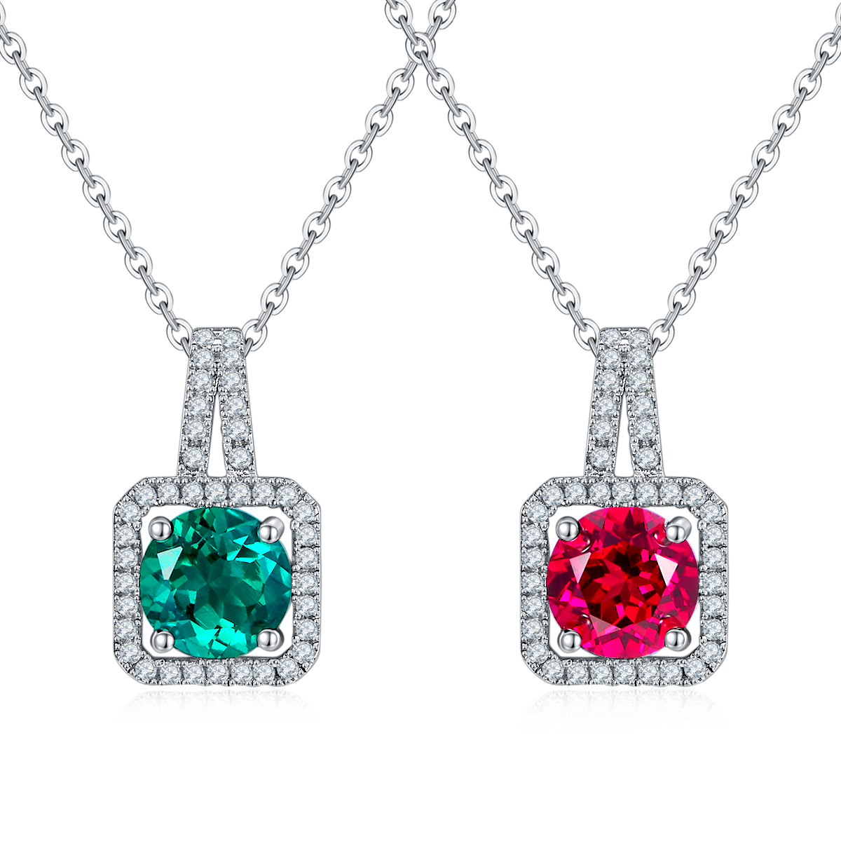 Sterling Silver 2ct Lab-Grown Ruby Emerald Pendant Necklace, Platinum Plated Square Halo