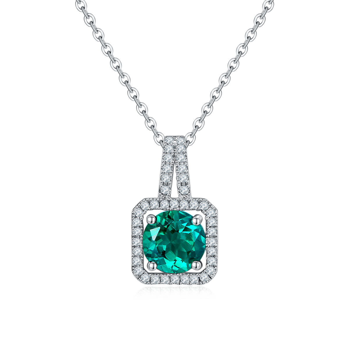 Sterling Silver 2ct Lab-Grown Ruby Emerald Pendant Necklace, Platinum Plated Square Halo