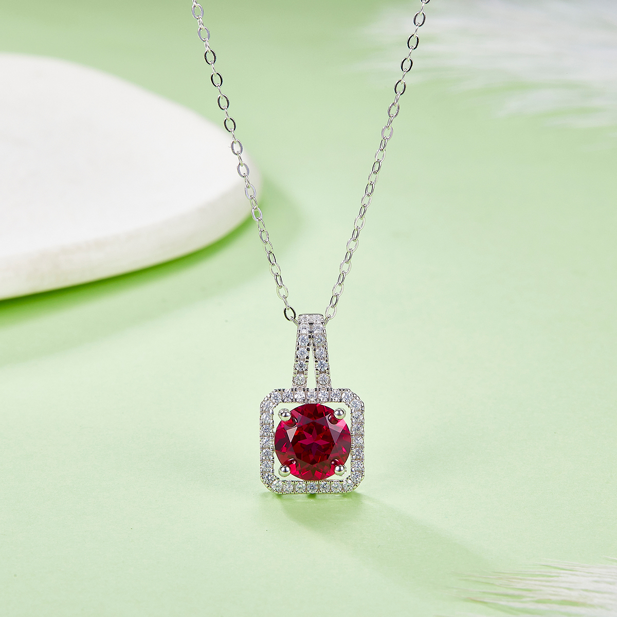 Sterling Silver 2ct Lab-Grown Ruby Emerald Pendant Necklace, Platinum Plated Square Halo