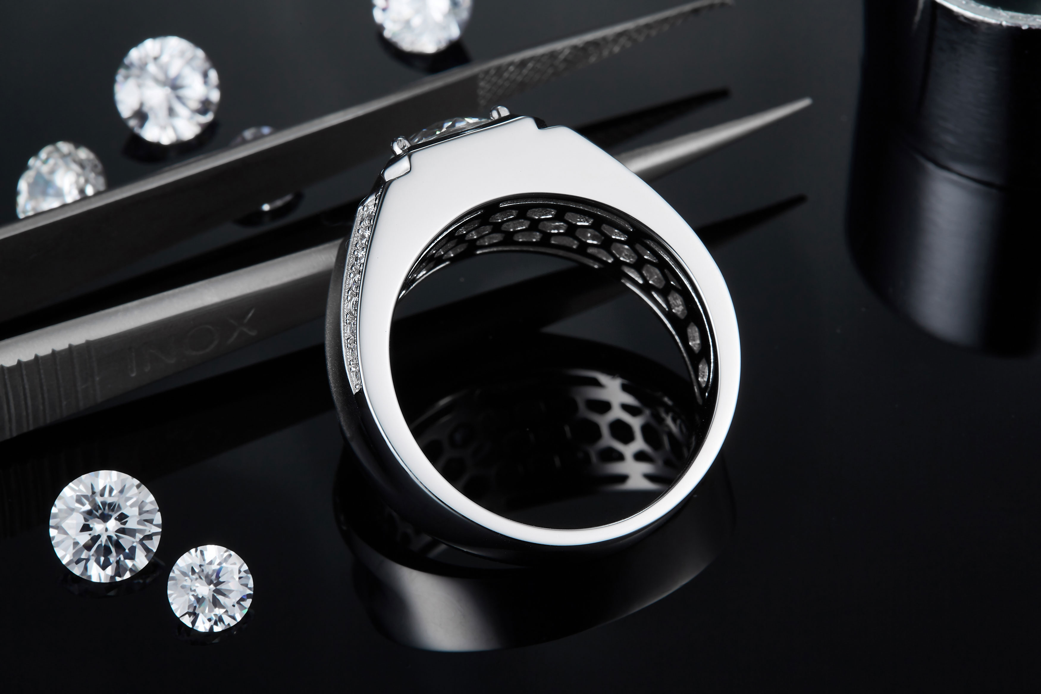Sterling Silver 2ct Moissanite Men's Ring, D-VVS1 Octagon Bezel, Matte Pave Band, US Sizes