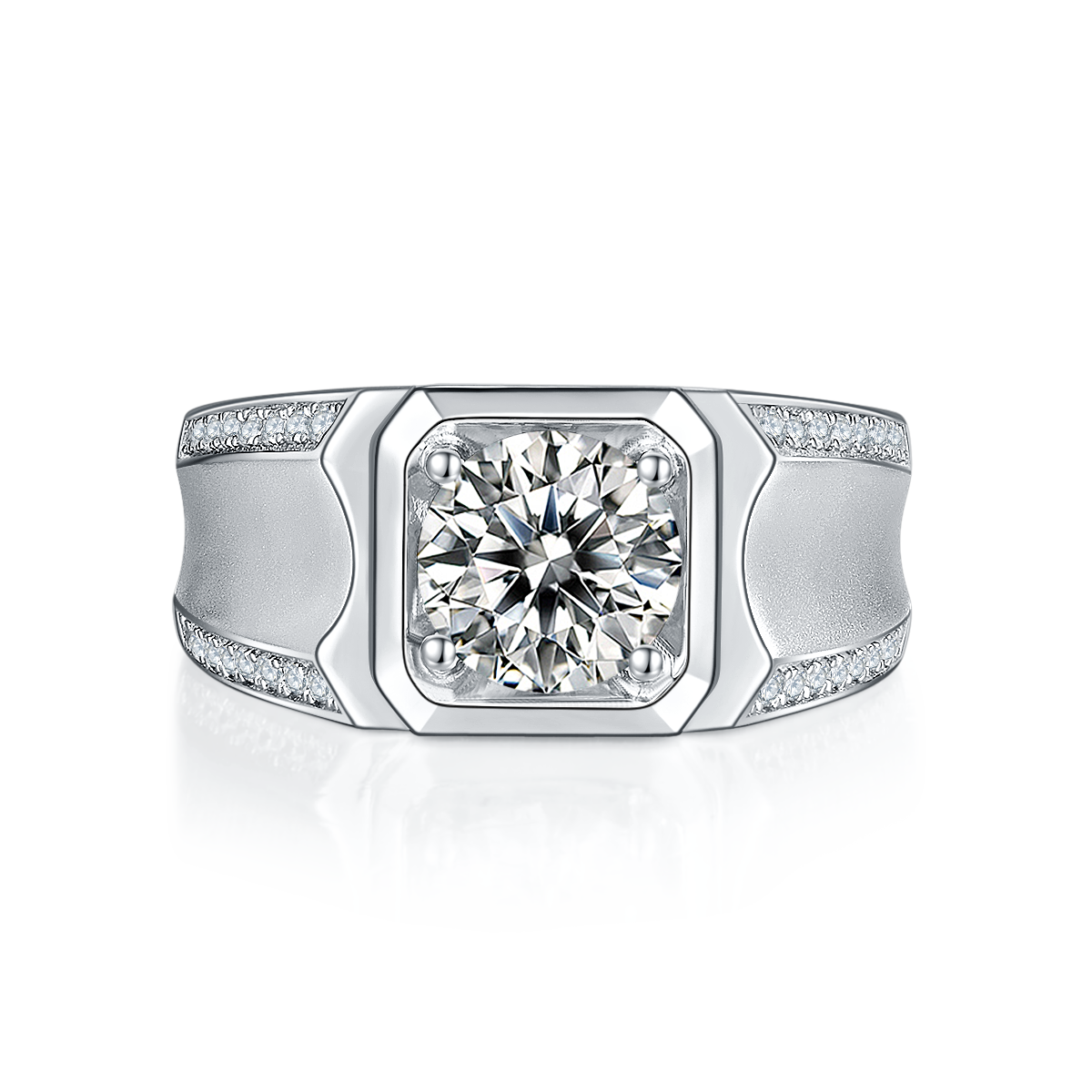 Sterling Silver 2ct Moissanite Men's Ring, D-VVS1 Octagon Bezel, Matte Pave Band, US Sizes