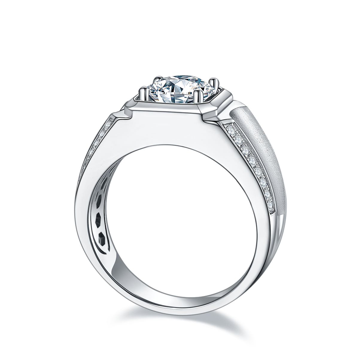 Sterling Silver 2ct Moissanite Men's Ring, D-VVS1 Octagon Bezel, Matte Pave Band, US Sizes