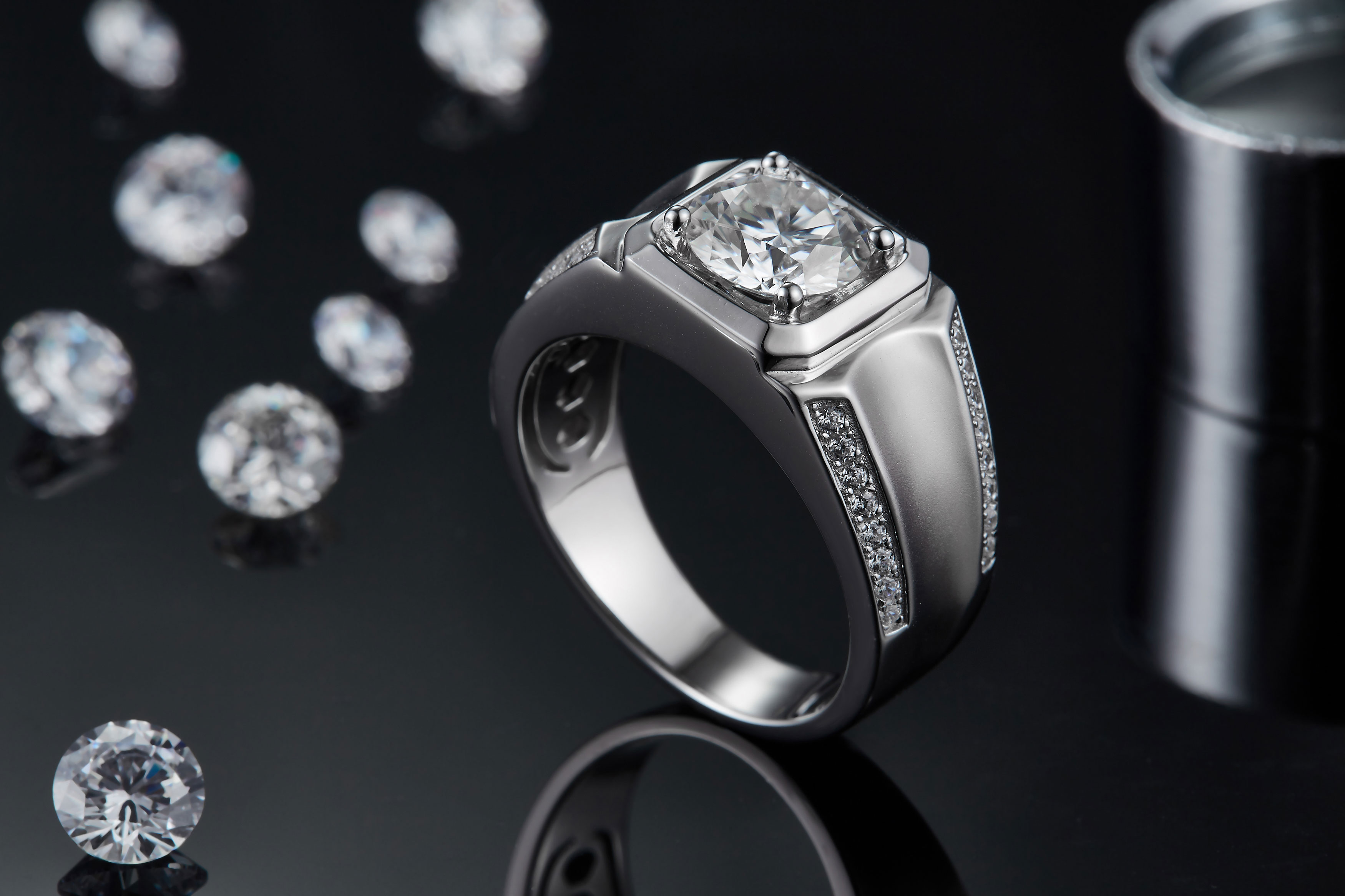 Sterling Silver 2ct Moissanite Men's Ring, D-VVS1 Octagon Bezel, Matte Pave Band, US Sizes