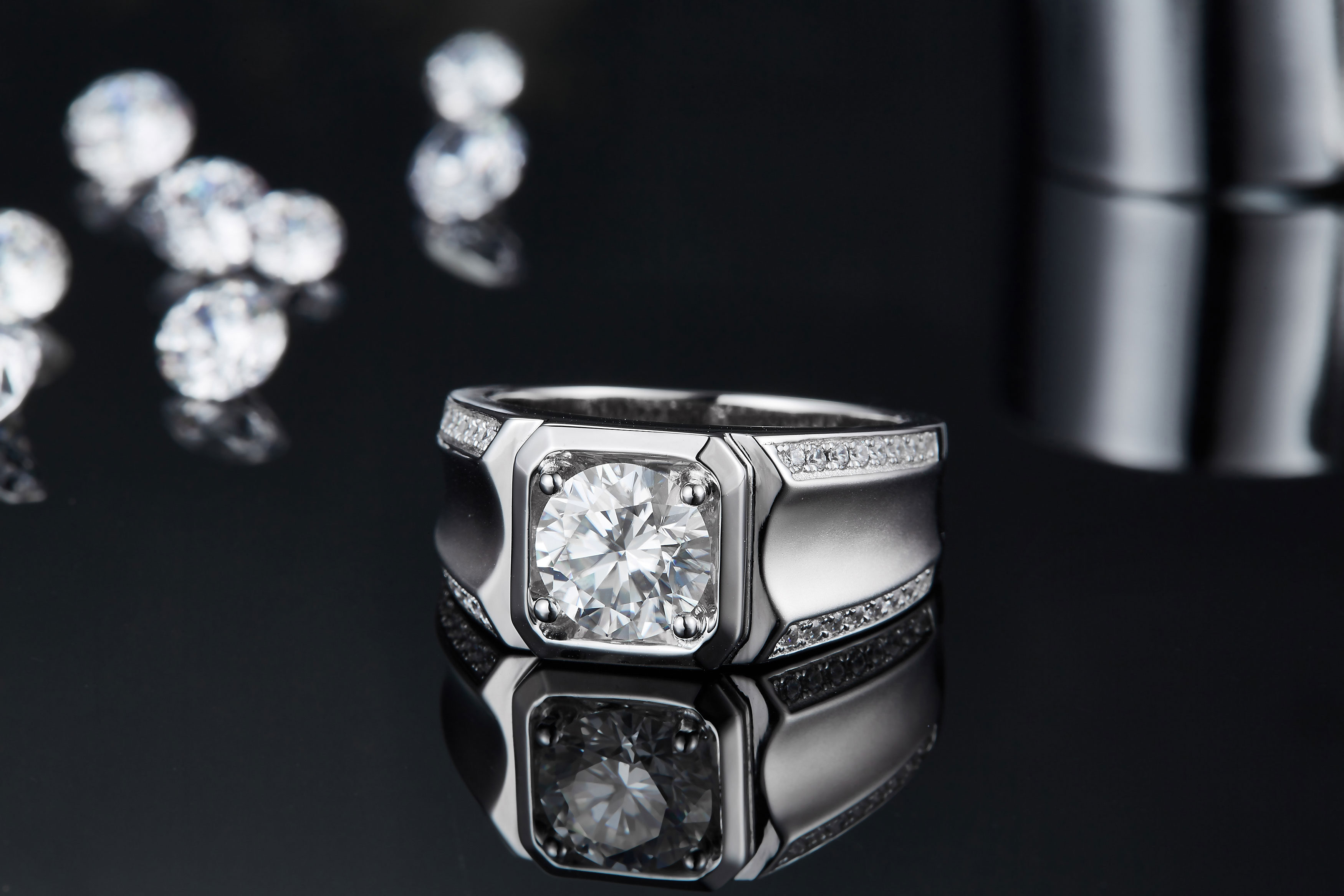 Sterling Silver 2ct Moissanite Men's Ring, D-VVS1 Octagon Bezel, Matte Pave Band, US Sizes