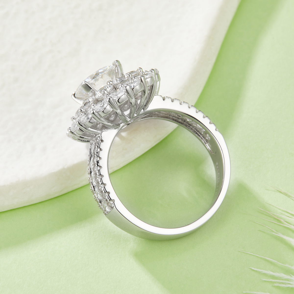 Sterling Silver 2ct Moissanite Ring, 8mm D-VVS1 Double Halo Pave Band, Platinum Plated US
