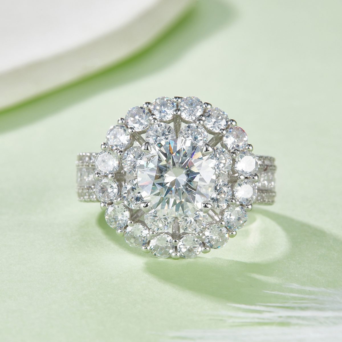 Sterling Silver 2ct Moissanite Ring, 8mm D-VVS1 Double Halo Pave Band, Platinum Plated US