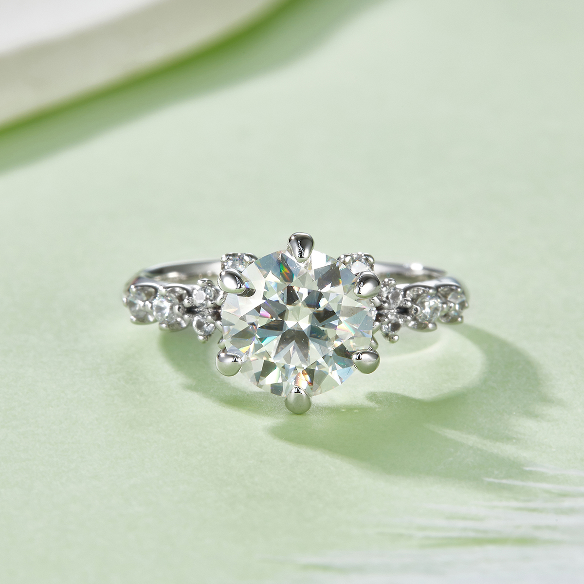 Sterling Silver 2ct Moissanite Ring, 8mm D-VVS1 Round Cut With Floral Accent Band