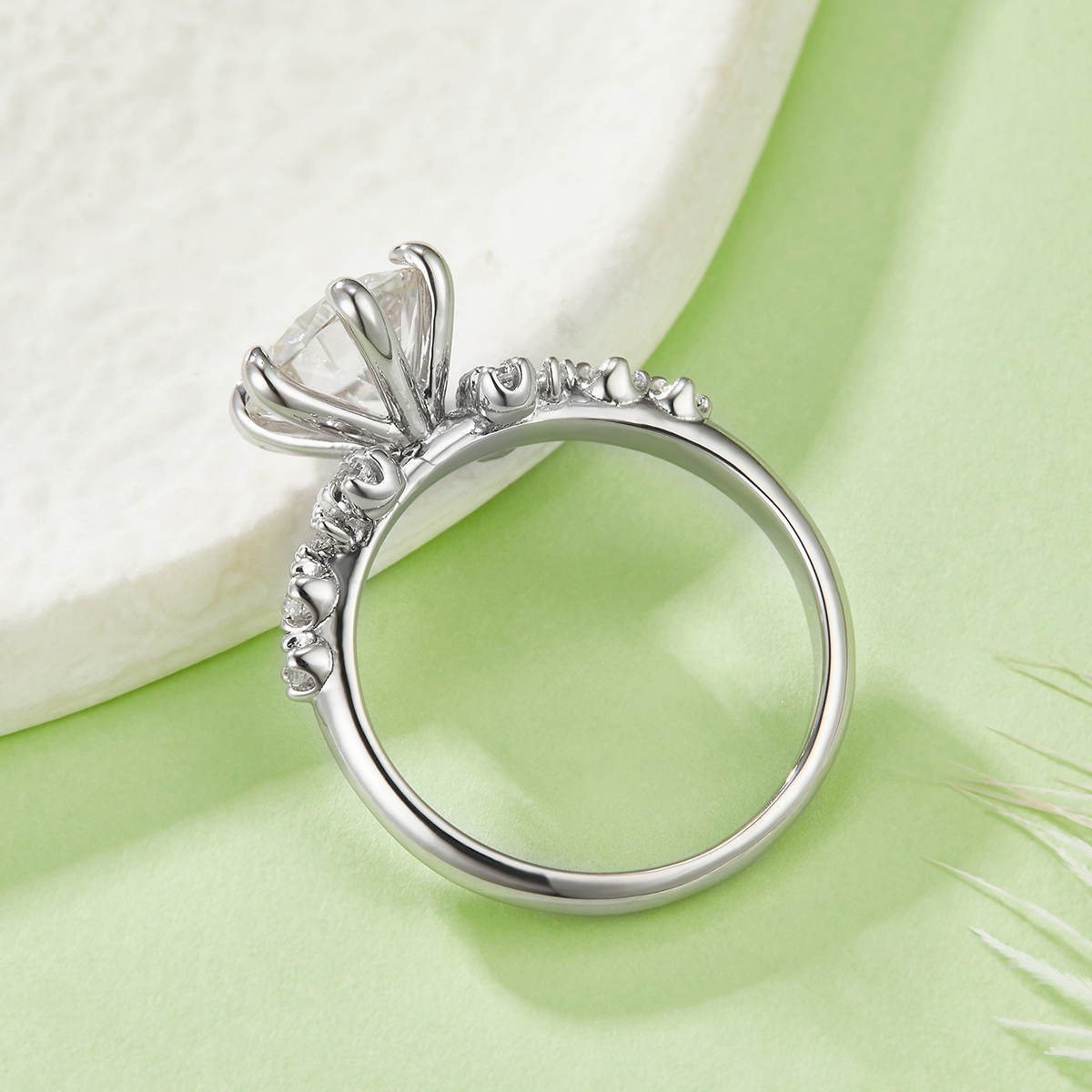 Sterling Silver 2ct Moissanite Ring, 8mm D-VVS1 Round Cut With Floral Accent Band
