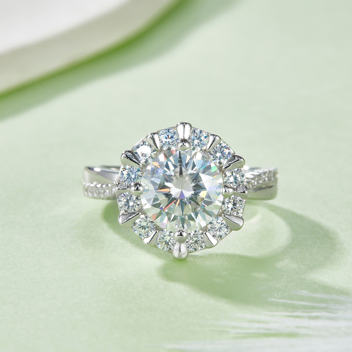 Sterling Silver 2ct Moissanite Ring, 8mm D-VVS1 Sunflower Halo Setting, Platinum Plated