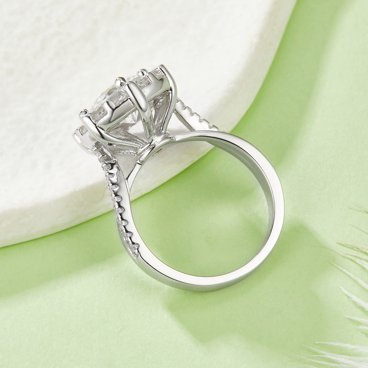Sterling Silver 2ct Moissanite Ring, 8mm D-VVS1 Sunflower Halo Setting, Platinum Plated