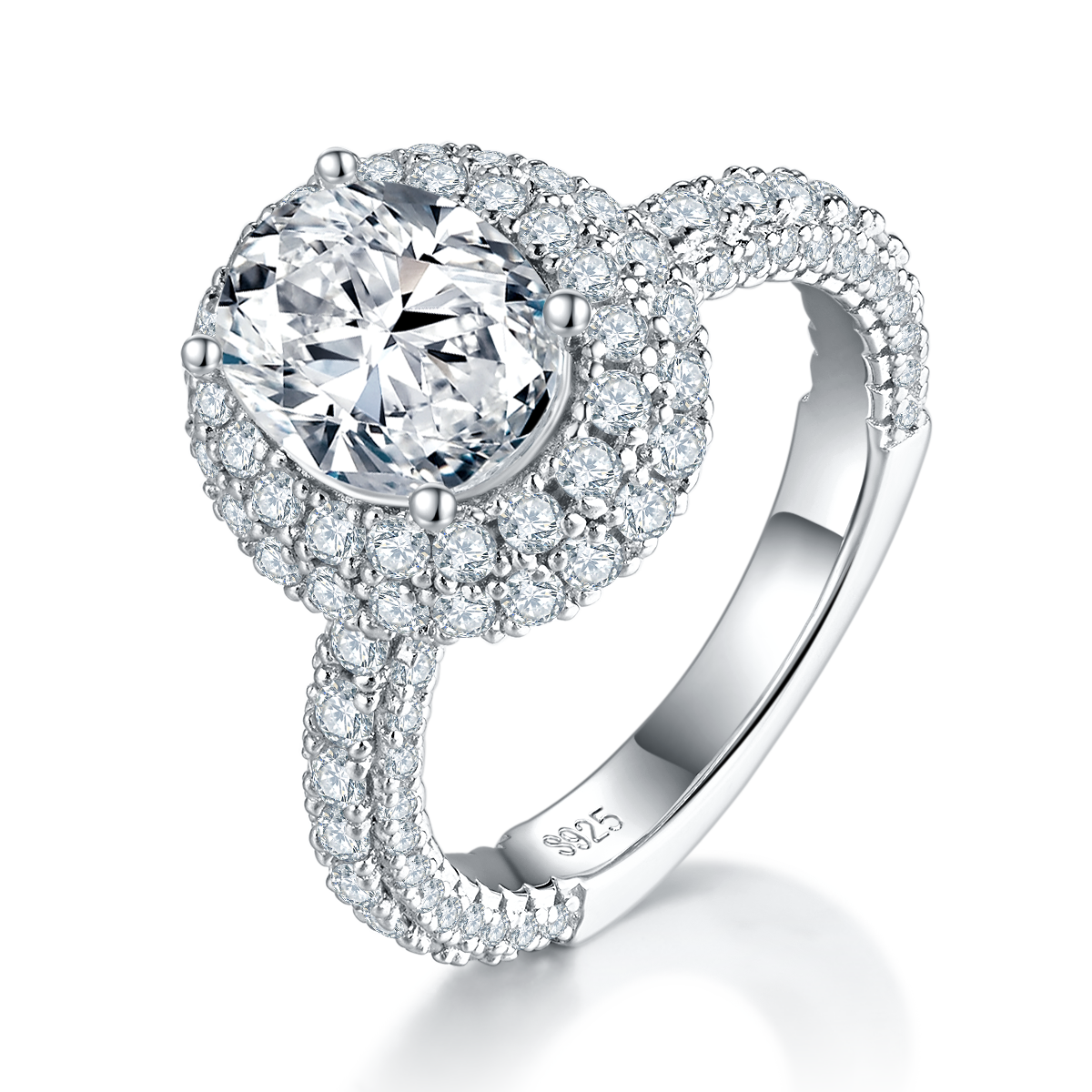 Sterling Silver 2ct Oval Moissanite Ring, 7x9mm D-VVS1 Double Halo, Platinum Plated 5.3g
