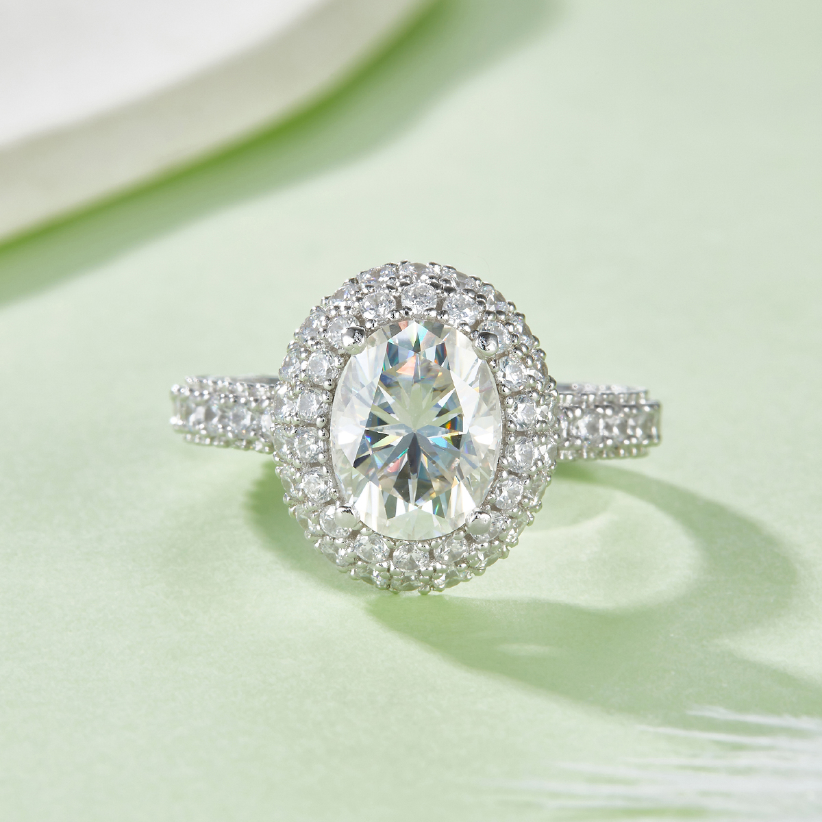 Sterling Silver 2ct Oval Moissanite Ring, 7x9mm D-VVS1 Double Halo, Platinum Plated 5.3g