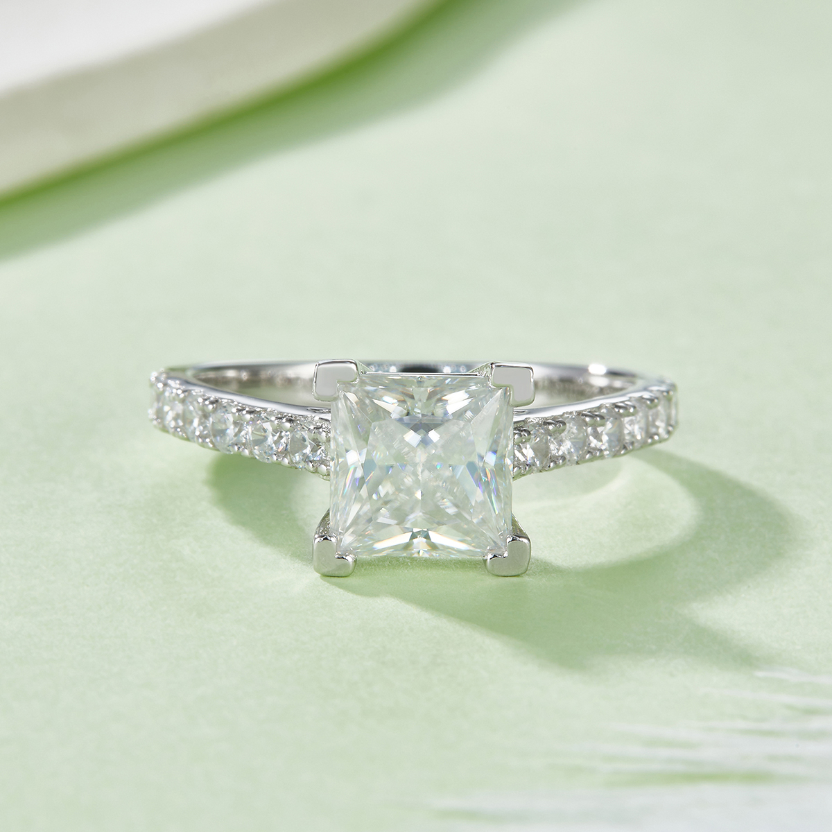 Sterling Silver 2ct Princess Cut Moissanite Ring, 7x7mm D-VVS1 Pave Band, Platinum Plated
