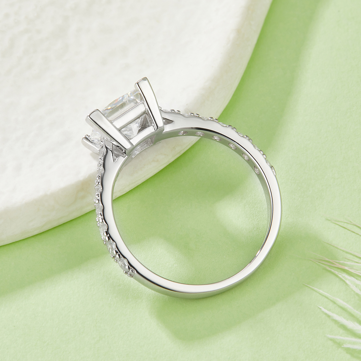 Sterling Silver 2ct Princess Cut Moissanite Ring, 7x7mm D-VVS1 Pave Band, Platinum Plated