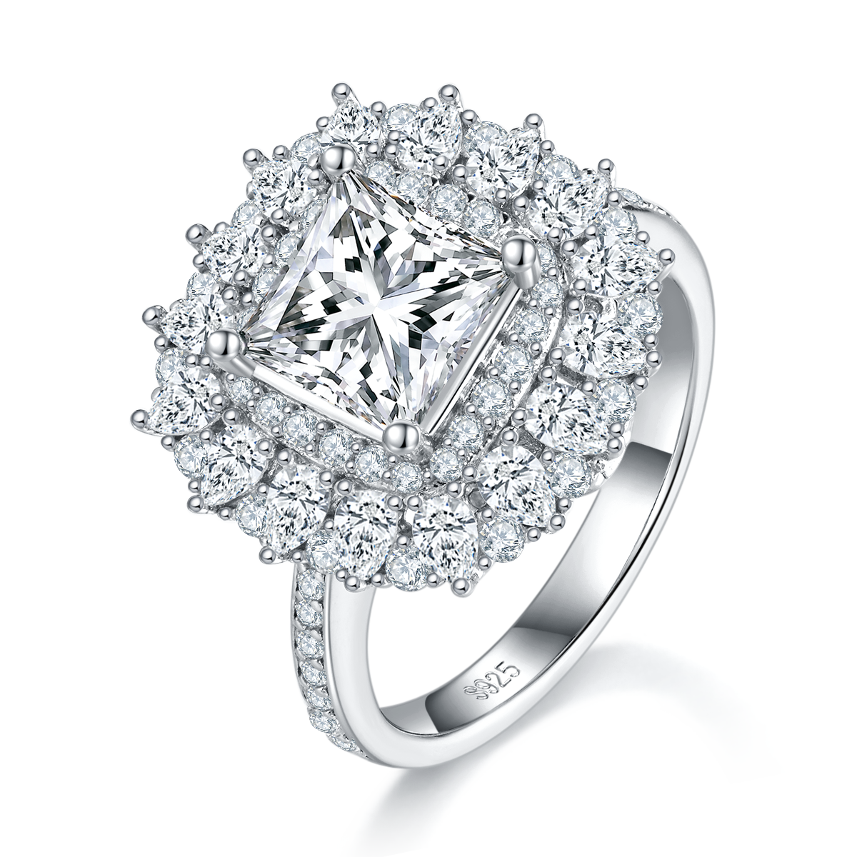 Sterling Silver 2ct Princess Cut Moissanite Ring, D-VVS1 Double Halo Cluster, Platinum