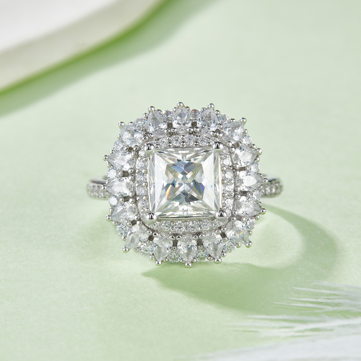 Sterling Silver 2ct Princess Cut Moissanite Ring, D-VVS1 Double Halo Cluster, Platinum