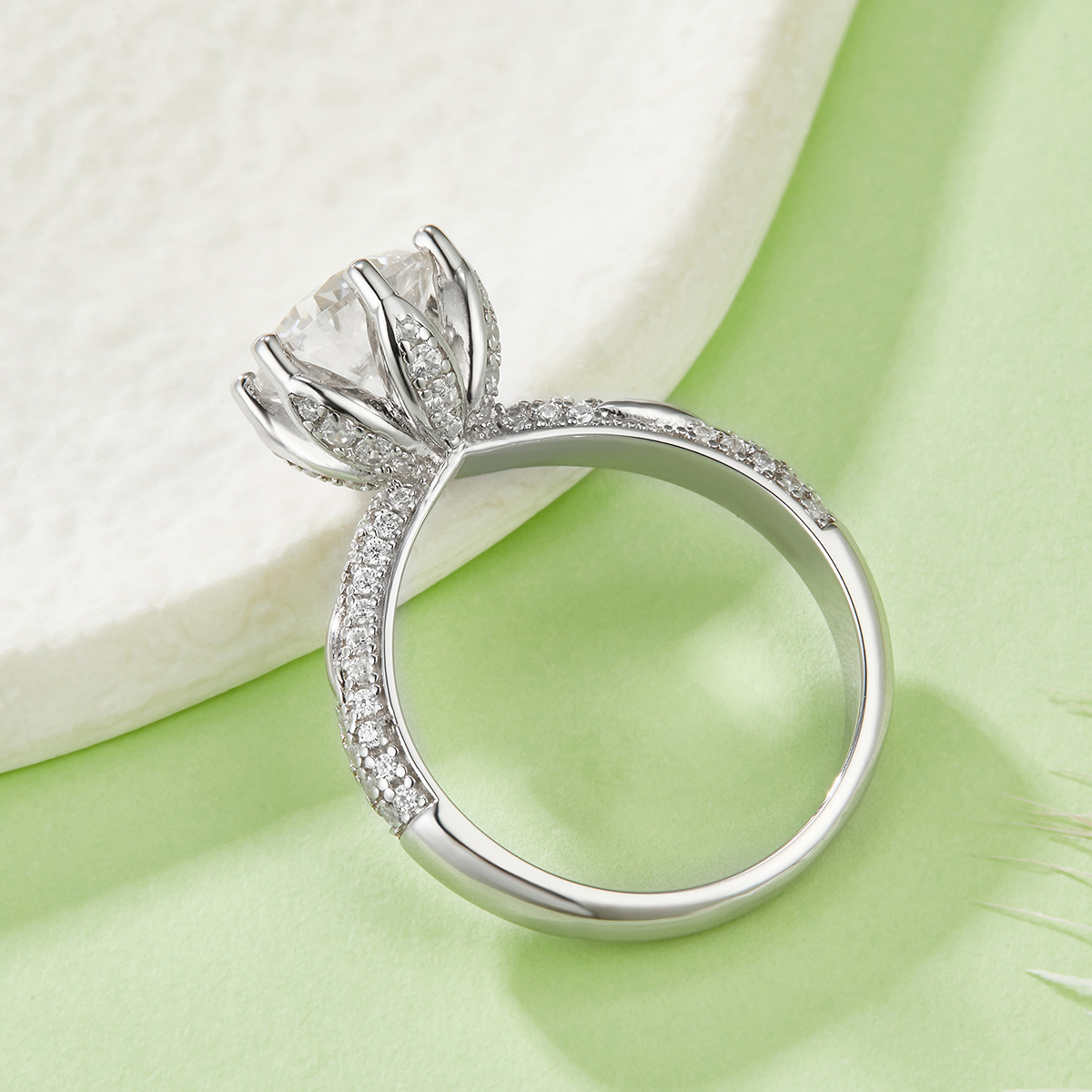Sterling Silver 2ct Round Moissanite Ring, 8mm D-VVS1 6-Prong Pave Band, Platinum Plated