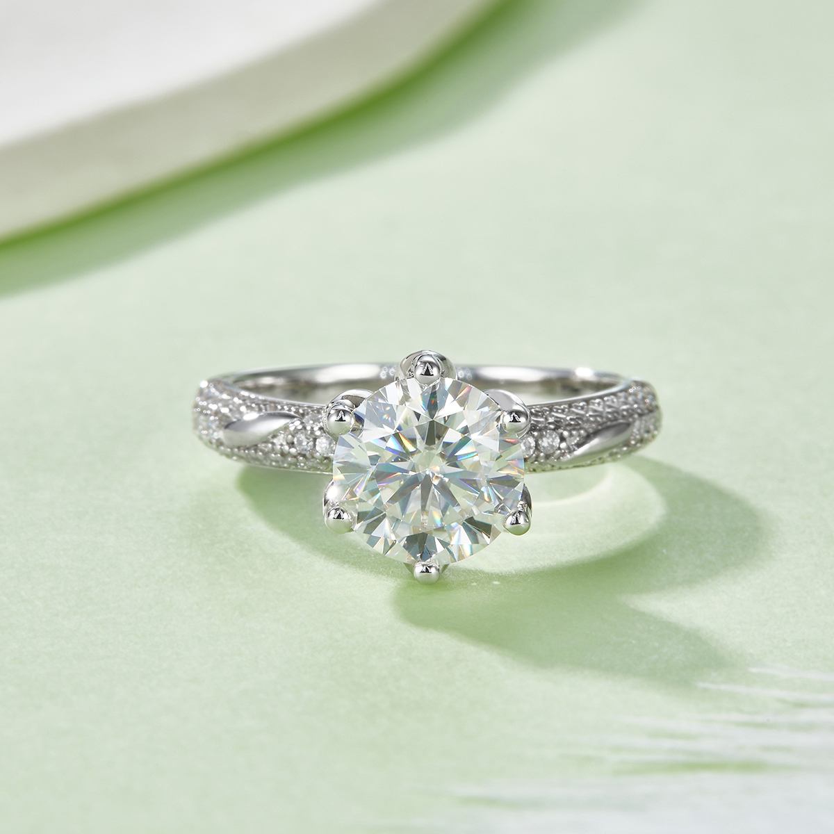 Sterling Silver 2ct Round Moissanite Ring, 8mm D-VVS1 6-Prong Pave Band, Platinum Plated