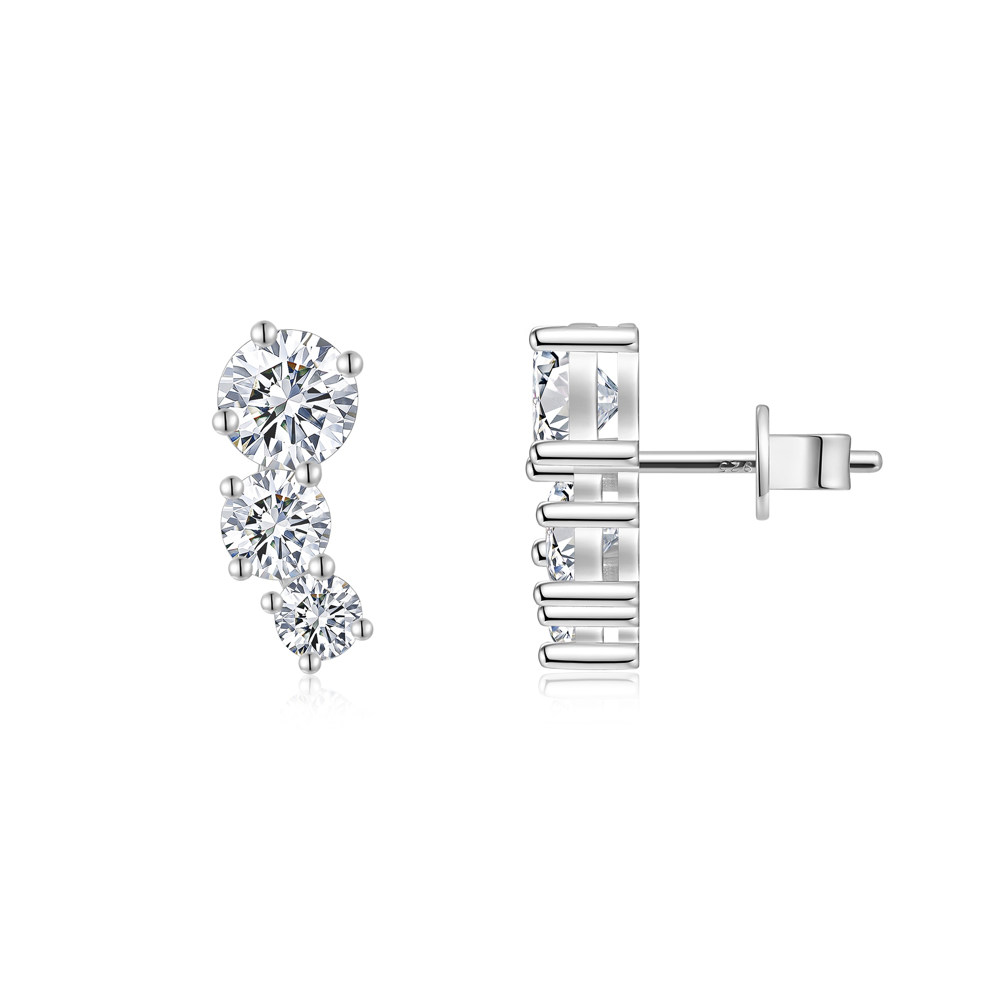 Sterling Silver 3-Stone Graduated Stud Earrings, 1ct D-VVS1 Moissanite Journey Earrings