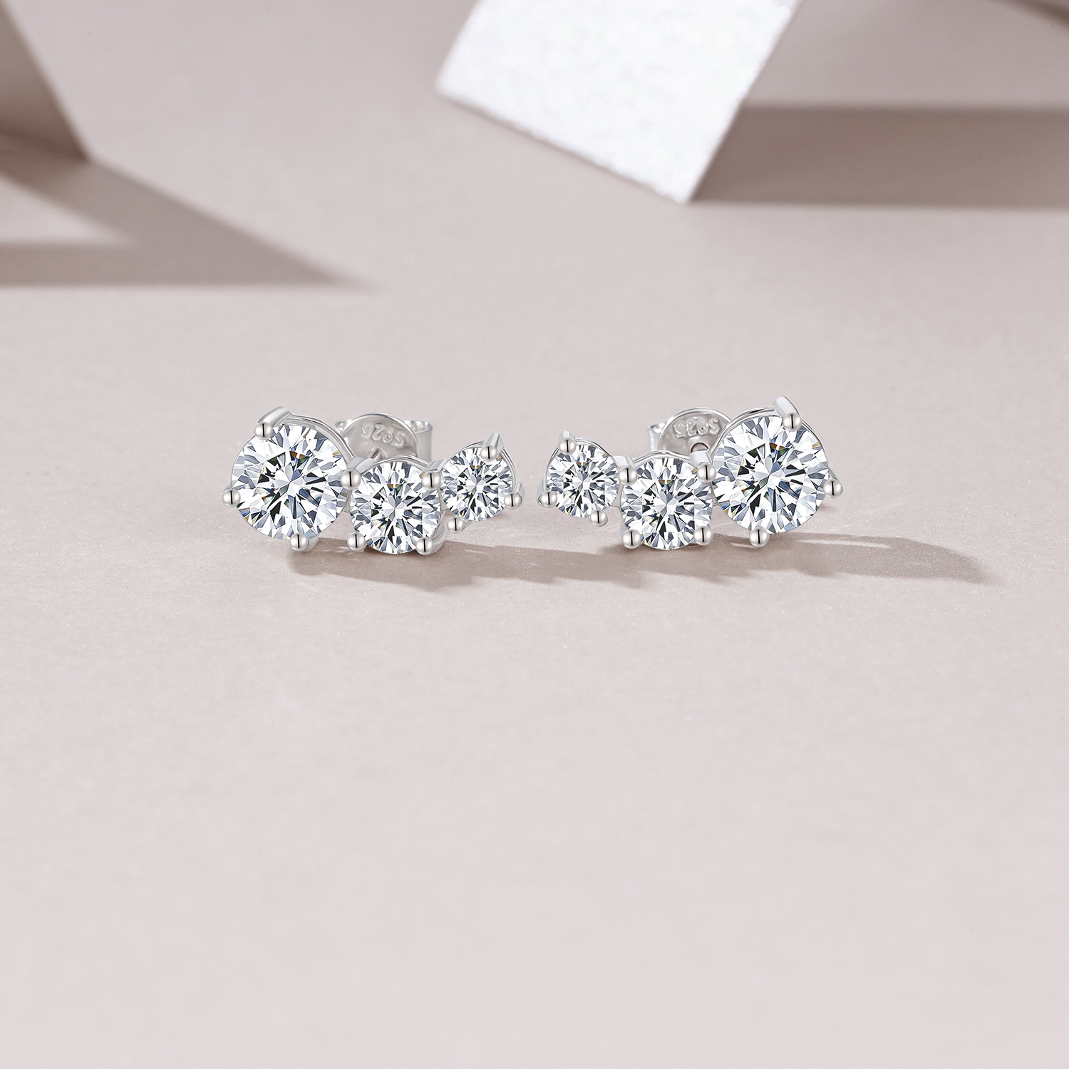 Sterling Silver 3-Stone Graduated Stud Earrings, 1ct D-VVS1 Moissanite Journey Earrings